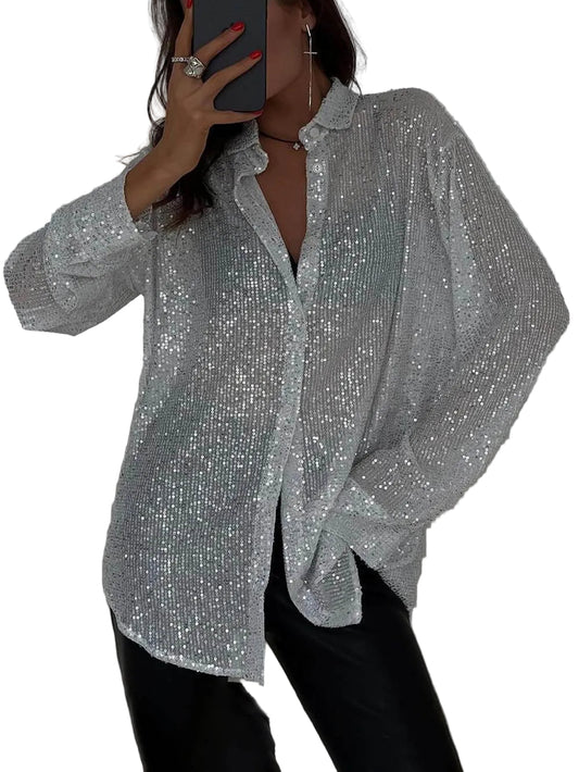 Women’s Long Sleeve Sequin Button Front Top