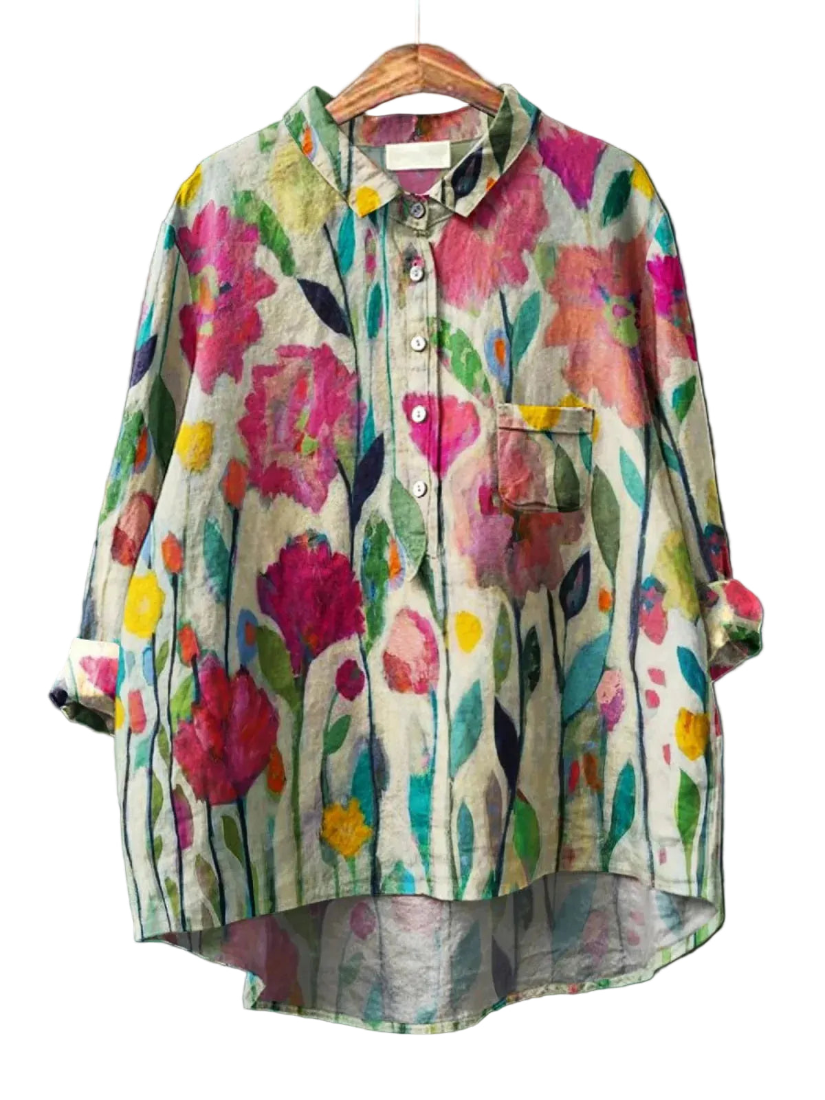 Women’s Long Sleeve Top with All-Over Floral Pattern and Buttons