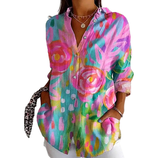 Women’s Long Sleeve Blouse with Turn Down Collar and All-Over Print