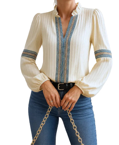Women’s Long Sleeve V-Neck Blouse with Front Trim Detail