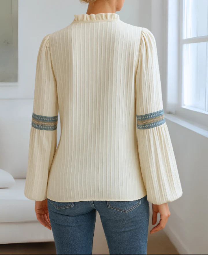 Women’s Long Sleeve V-Neck Blouse with Front Trim Detail