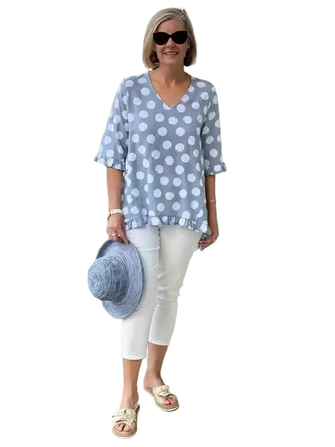 Women’s Loose Fit Top with V-Neck and Polka Dots