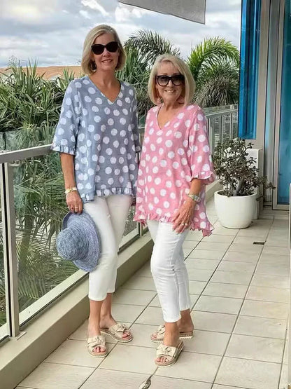 Women’s Loose Fit Top with V-Neck and Polka Dots