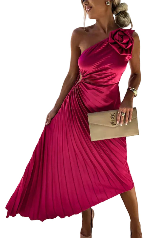 Women’s Maxi Dress with One-Shoulder Strap and Pleated Silhouette