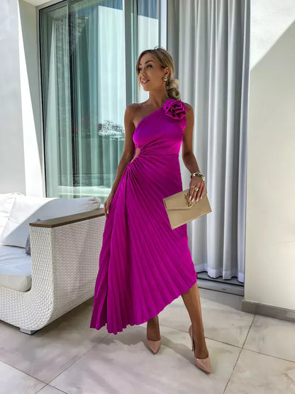 Women’s Maxi Dress with One-Shoulder Strap and Pleated Silhouette