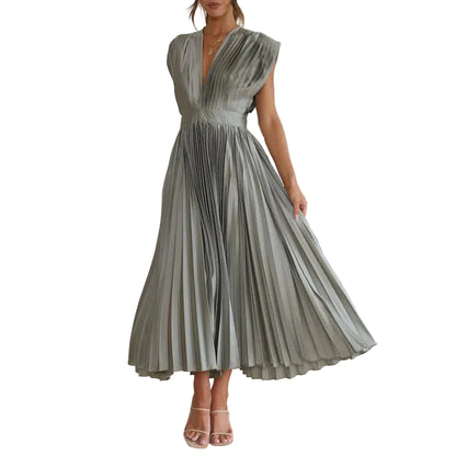Women’s Maxi Dress with Pleated Skirt and V-Neckline