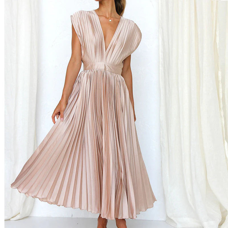 Women’s Maxi Dress with Pleated Skirt and V-Neckline