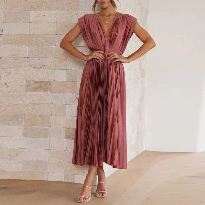 Women’s Maxi Dress with Pleated Skirt and V-Neckline