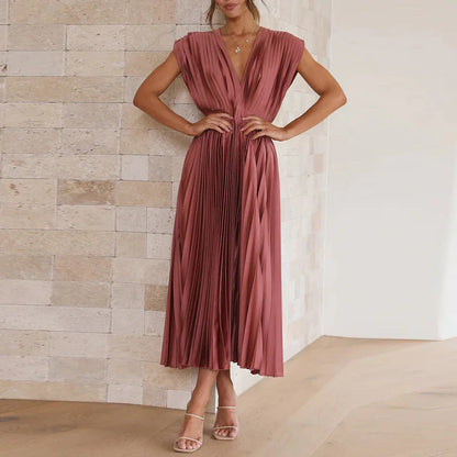 Women’s Maxi Dress with Pleated Skirt and V-Neckline