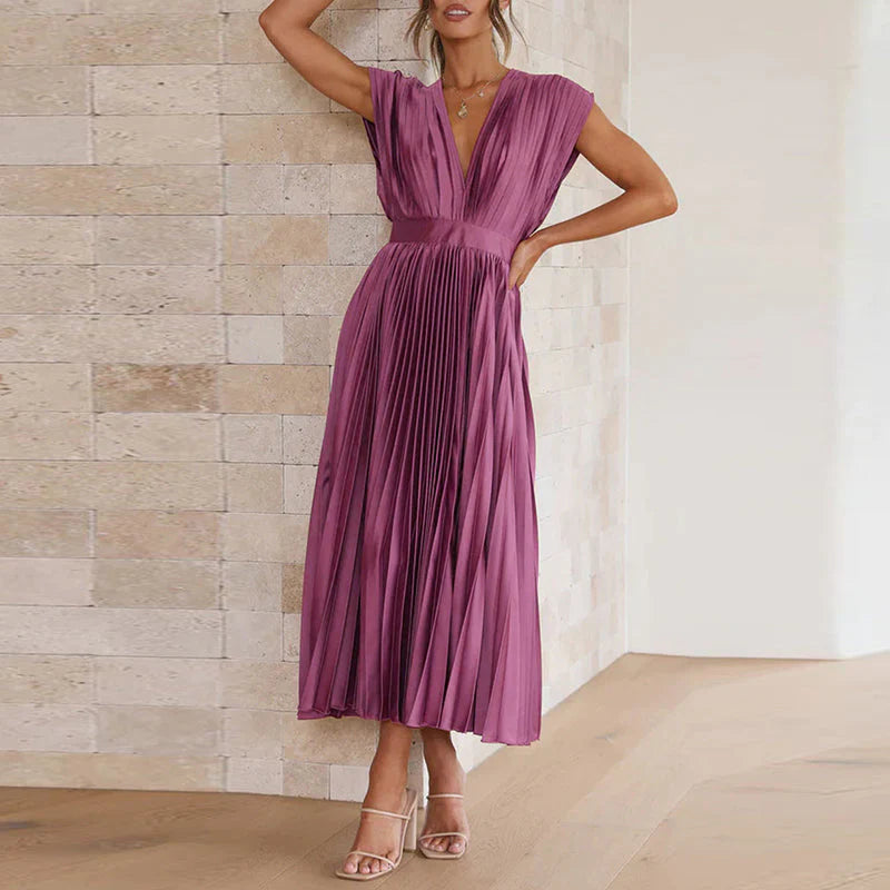 Women’s Maxi Dress with Pleated Skirt and V-Neckline