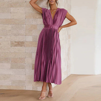 Women’s Maxi Dress with Pleated Skirt and V-Neckline