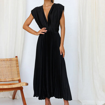 Women’s Maxi Dress with Pleated Skirt and V-Neckline