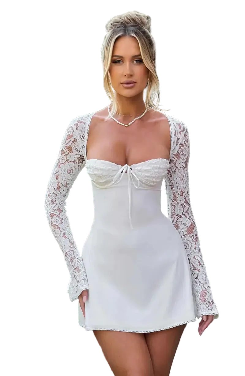 Women’s Mini Dress with Sweetheart Neckline and Lace Sleeves