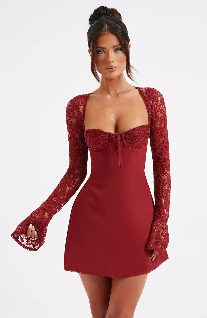 Women’s Mini Dress with Sweetheart Neckline and Lace Sleeves