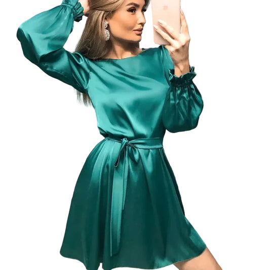 Women’s Mini Length Dress with Long Sleeves and Waist Belt
