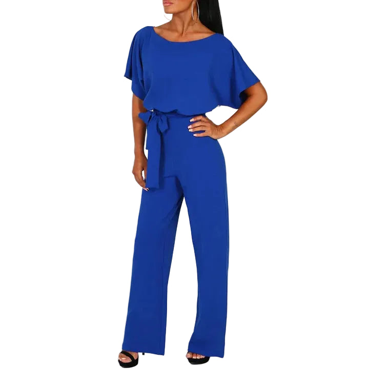 Women’s One Piece Jumpsuit with Short Sleeves and Waist Belt