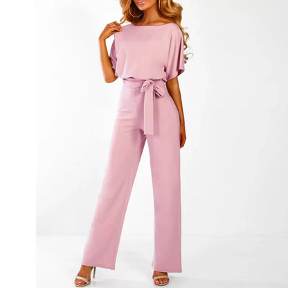 Women’s One Piece Jumpsuit with Short Sleeves and Waist Belt