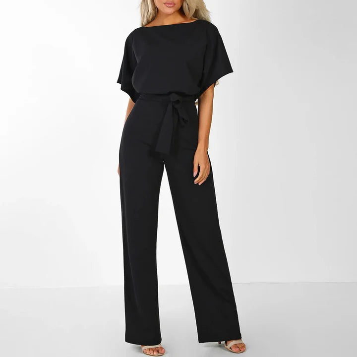 Women’s One Piece Jumpsuit with Short Sleeves and Waist Belt