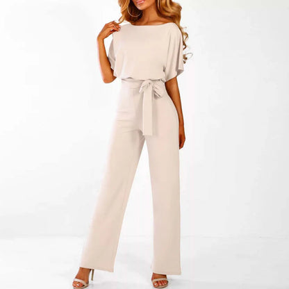 Women’s One Piece Jumpsuit with Short Sleeves and Waist Belt