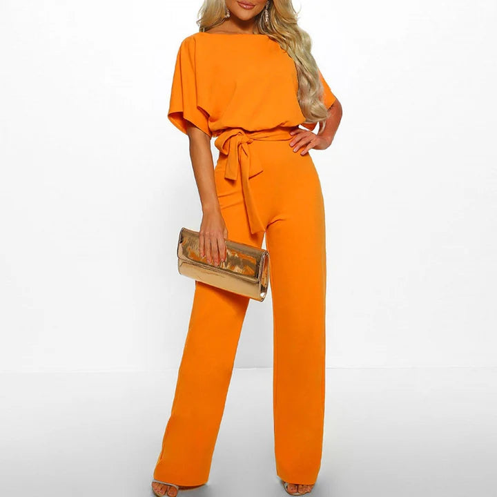 Women’s One Piece Jumpsuit with Short Sleeves and Waist Belt