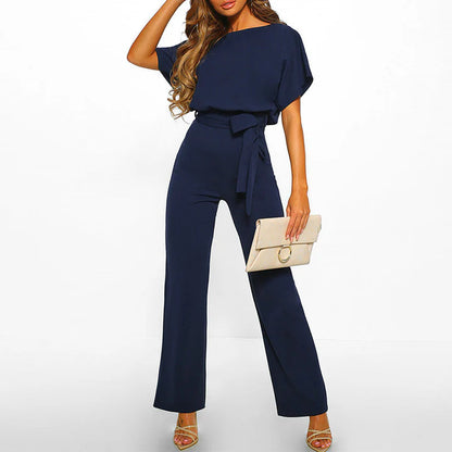 Women’s One Piece Jumpsuit with Short Sleeves and Waist Belt