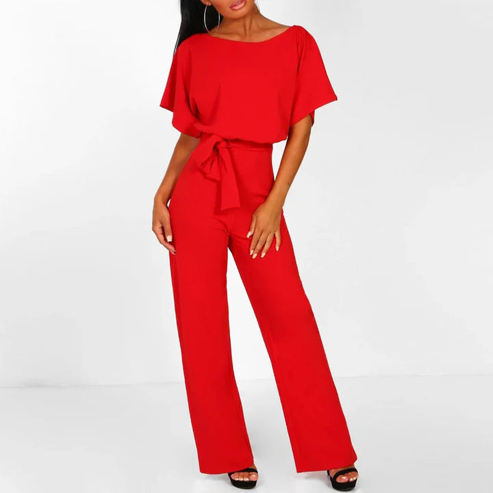 Women’s One Piece Jumpsuit with Short Sleeves and Waist Belt
