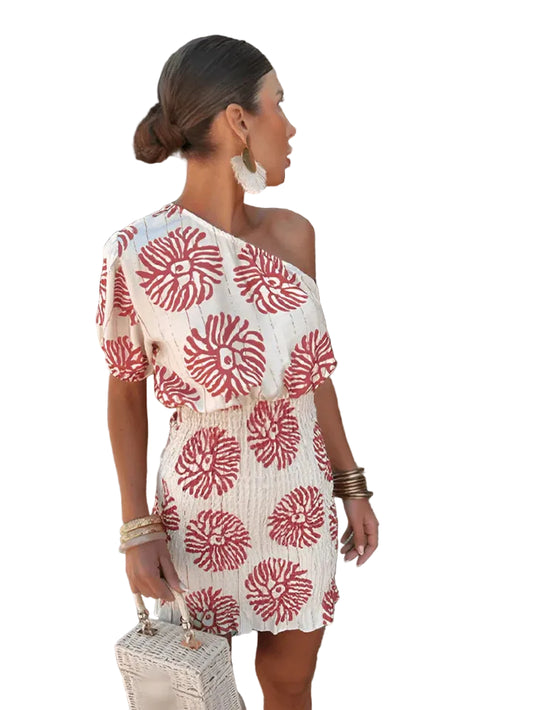 Women’s One Shoulder Mini Dress with Elastic Waist and Printed Pattern
