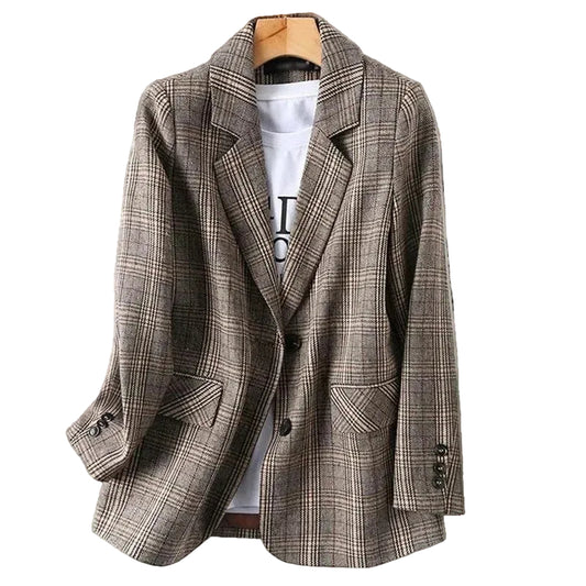 Women’s Plaid Blazer with Notched Lapel and Button Closure