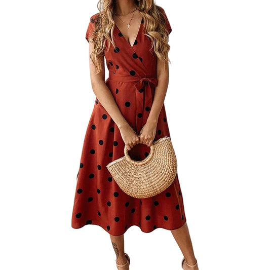 Women’s Polka Dot Midi Dress with V-Neck and Waist Tie