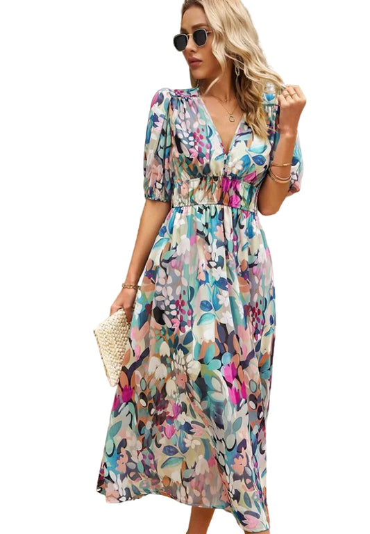 Women’s Printed Midi Dress with V-Neck and Puff Sleeves