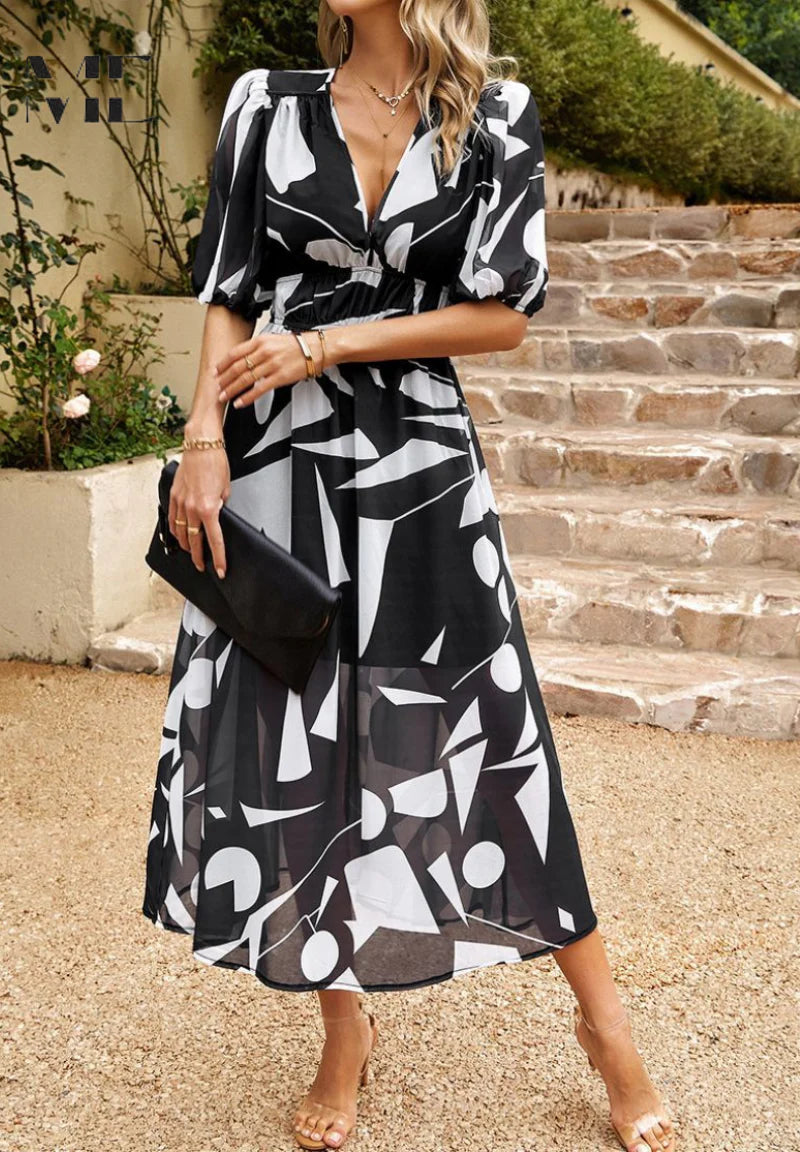 Women’s Printed Midi Dress with V-Neck and Puff Sleeves