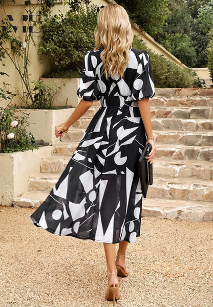 Women’s Printed Midi Dress with V-Neck and Puff Sleeves