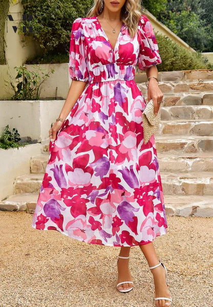Women’s Printed Midi Dress with V-Neck and Puff Sleeves