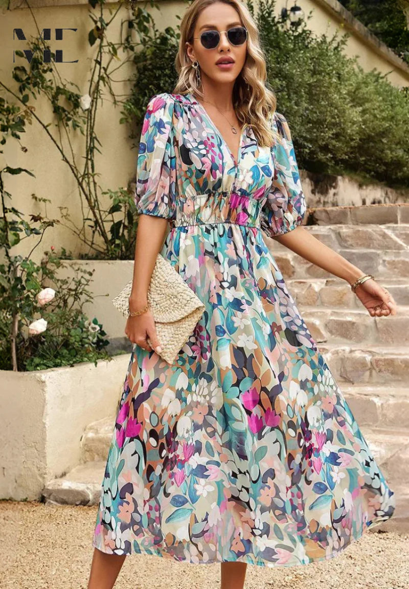 Women’s Printed Midi Dress with V-Neck and Puff Sleeves