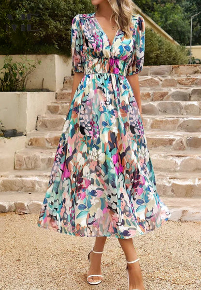 Women’s Printed Midi Dress with V-Neck and Puff Sleeves