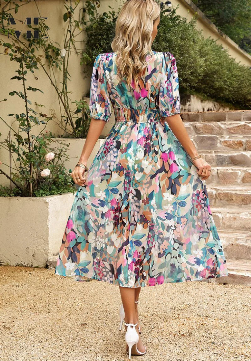 Women’s Printed Midi Dress with V-Neck and Puff Sleeves