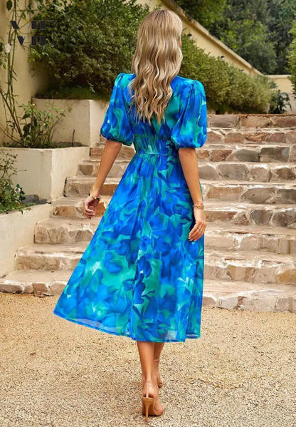 Women’s Printed Midi Dress with V-Neck and Puff Sleeves