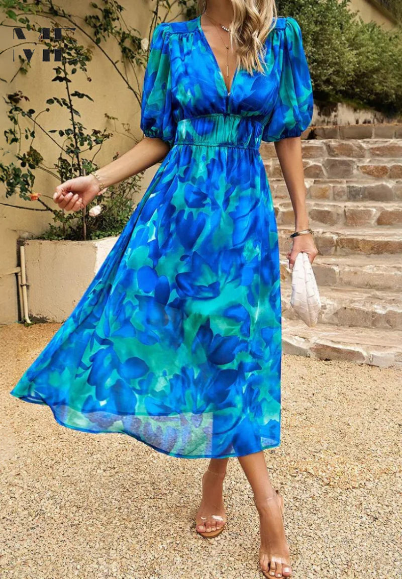Women’s Printed Midi Dress with V-Neck and Puff Sleeves