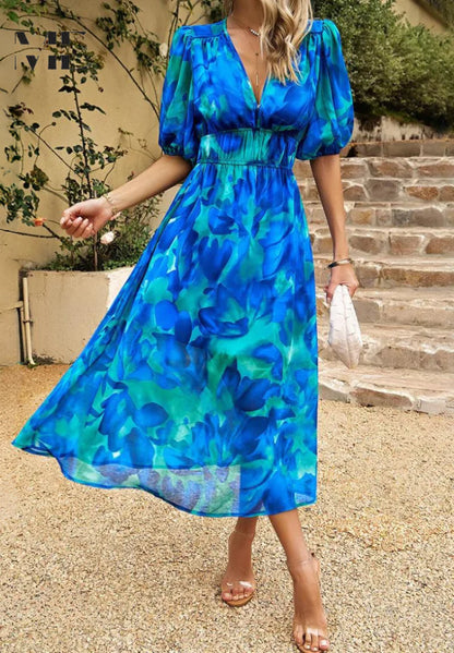 Women’s Printed Midi Dress with V-Neck and Puff Sleeves