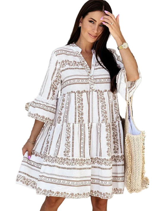 Women’s Printed Short Dress with Long Sleeves and Loose Fit