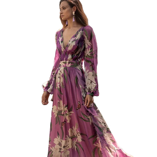 Women’s Sheer Long Sleeve Maxi Dress with Floral Pattern