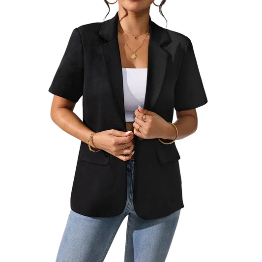 Women’s Short Sleeve Blazer with Notch Lapel and Front Patch Pockets