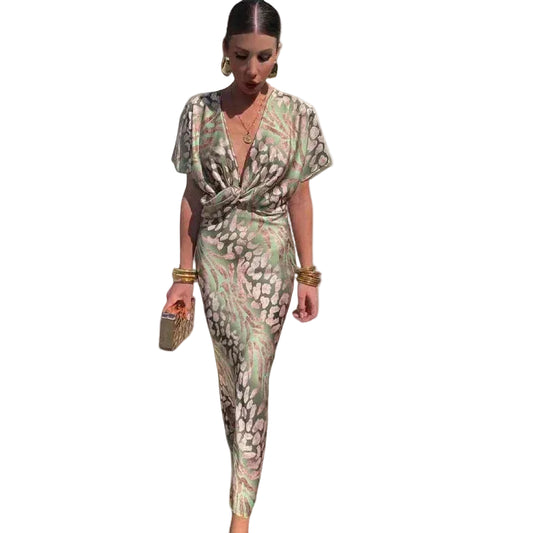 Women’s Short Sleeve Maxi Dress with All-Over Print and Draped Front