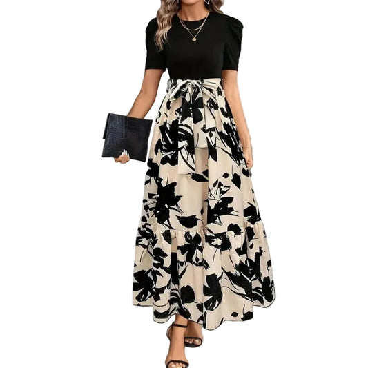 Women’s Short Sleeve Maxi Dress with Printed Skirt and Defined Waist