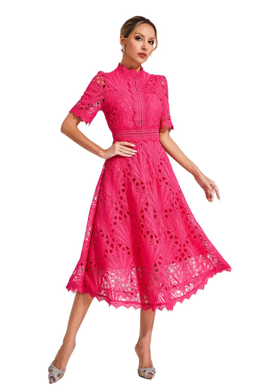 Women’s Short Sleeve Midi Dress with All-Over Lace Design