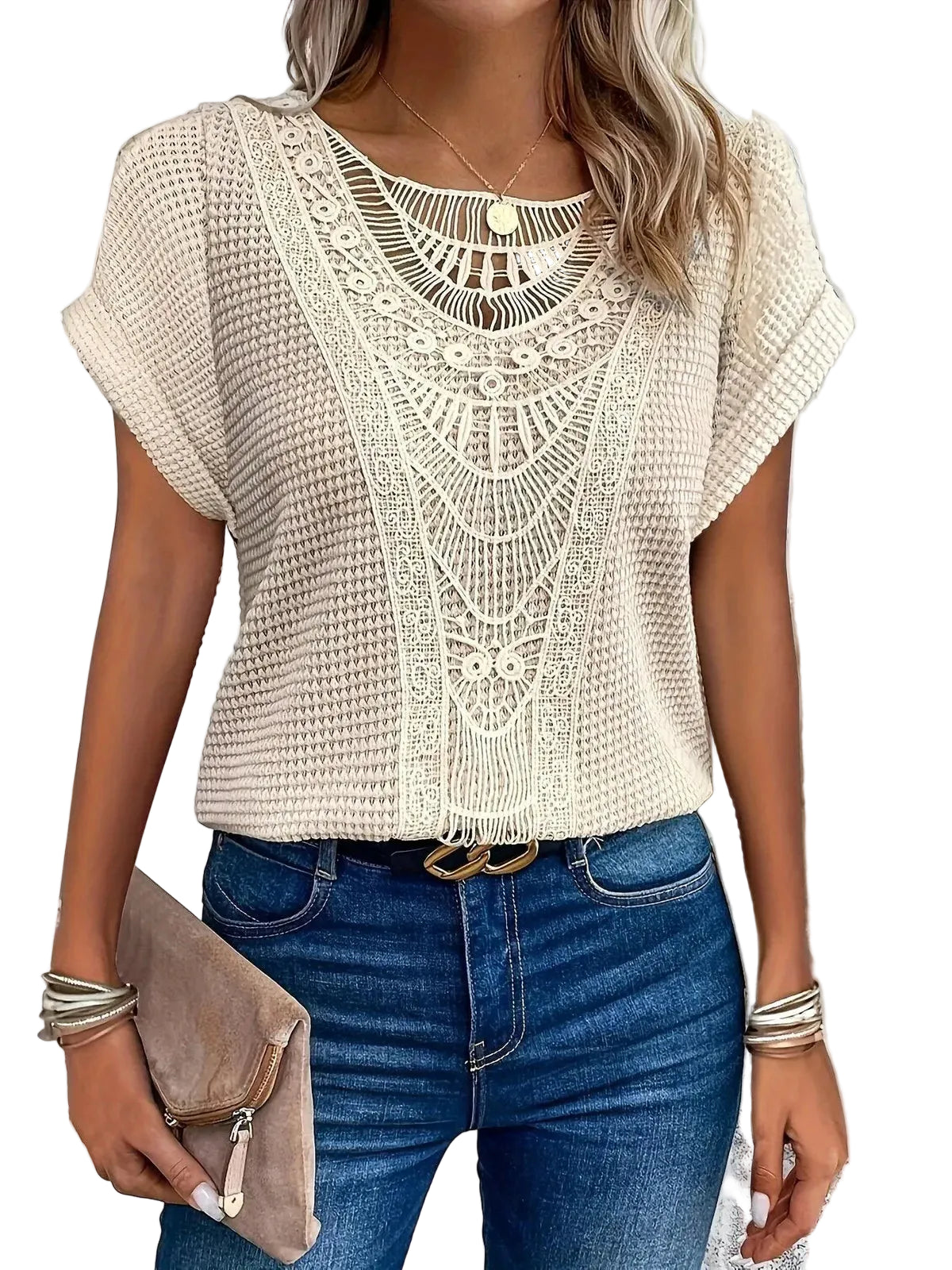 Women’s Short Sleeve Top with Crochet Lace Panel and Round Neck