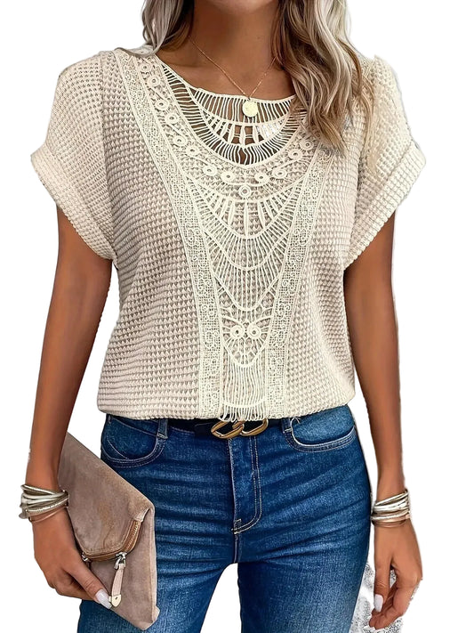 Women’s Short Sleeve Top with Crochet Lace Panel and Round Neck