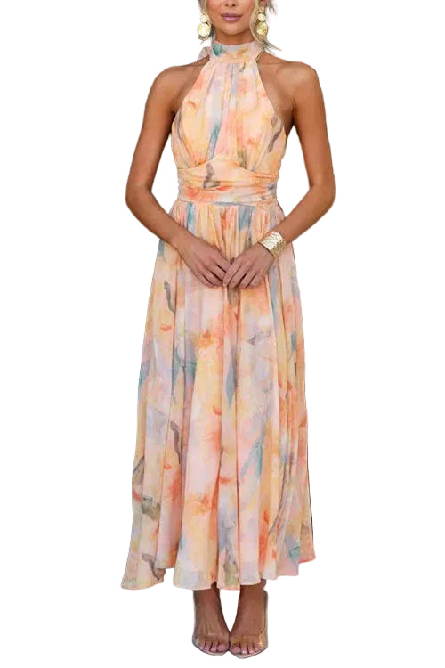 Women’s Sleeveless Maxi Dress with Halter Neck and Flowing Skirt