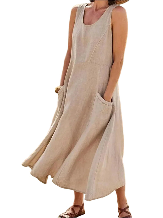 Women’s Sleeveless Maxi Dress with Scoop Neck and Side Pockets