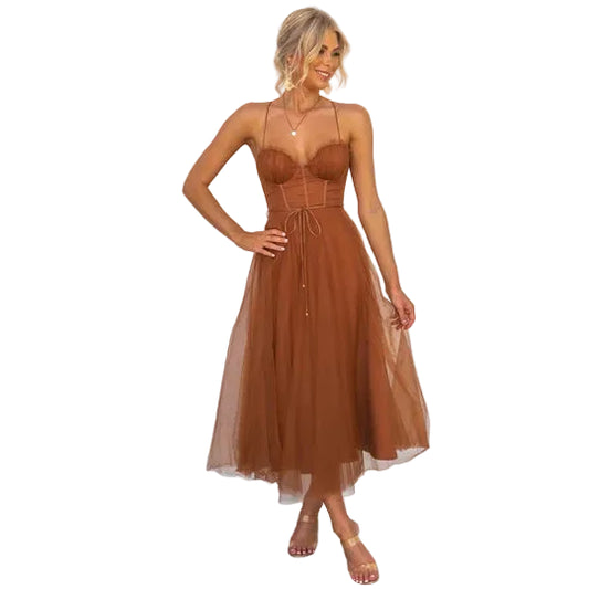 Women’s Sleeveless Midi Dress with Fitted Bodice and Sheer Overlay